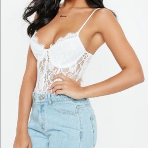 White Strappy Non-wired Lace Panel Bodysuit